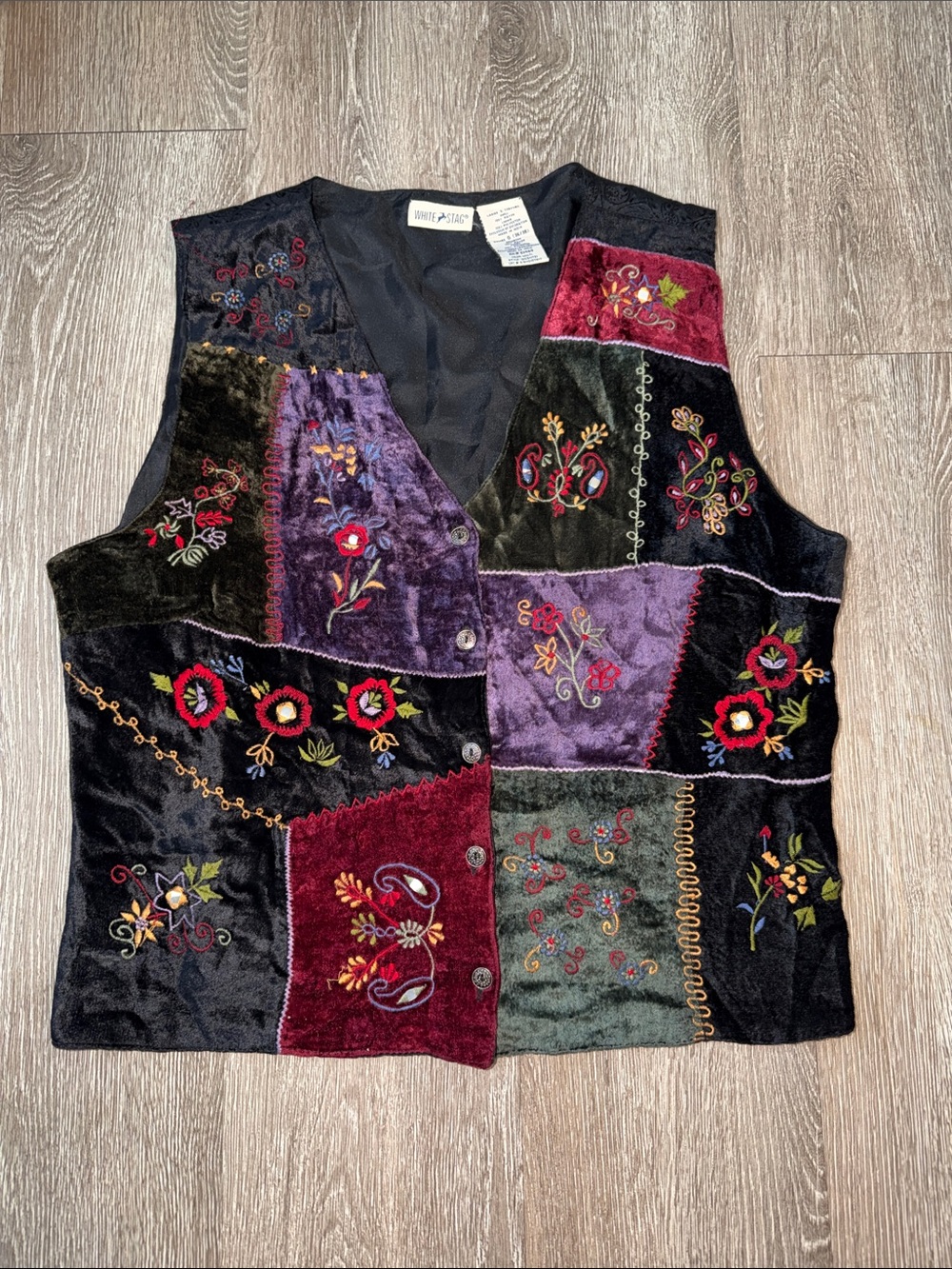 Vintage White Stag Multicolor Patchwork Embroidered Velvet Vest boho Gypsy